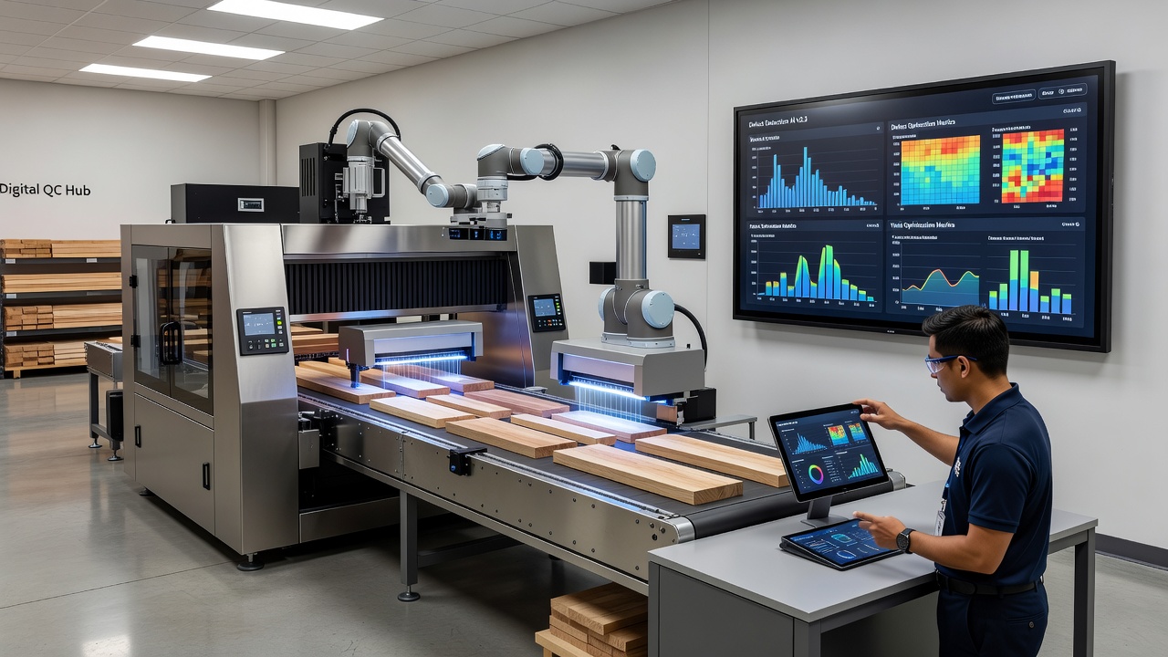 Technician reviewing quality metrics on a digital interface connected to wood product inspection equipment